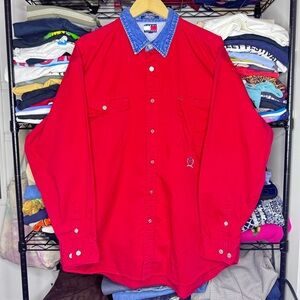 Vintage Tommy Hilfiger Red and Denim Collard Button Down Men Shirt size XL